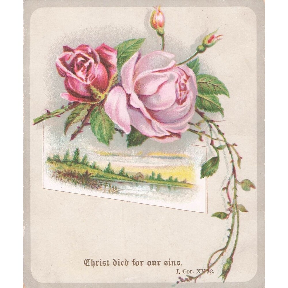 Antique Easter Greeting Card trade Pink Roses Christ Died For Our Sins Bible